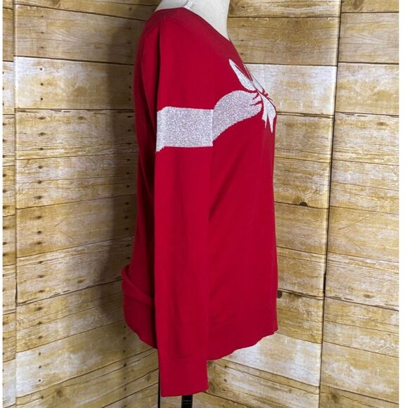 LOFT FESTIVE DRESSY PARTY RED KNIT SWEATER WITH SILVER BOW DESIGN ON FRONT SMALL - Picture 2 of 3